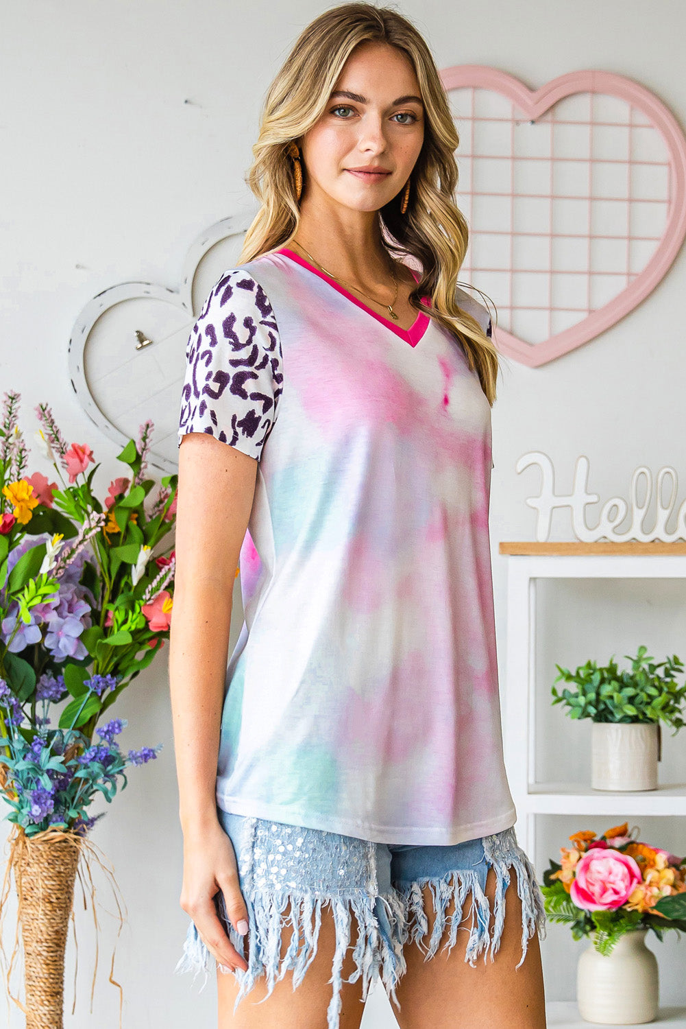 Tie-Dye Leopard V-Neck Tee