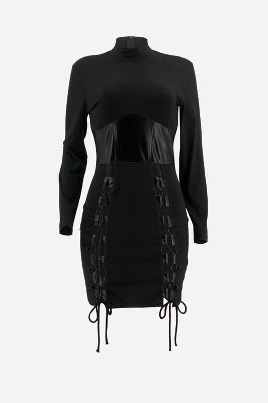 Full Size Spliced PU Leather Lace-Up Mock Neck Dress