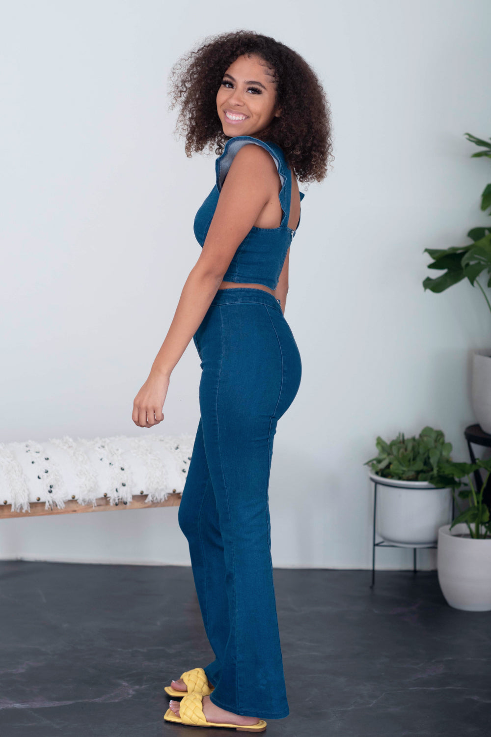 SHOPIRISBASIC One in a Million Denim Crop Top and Flare Pants Set