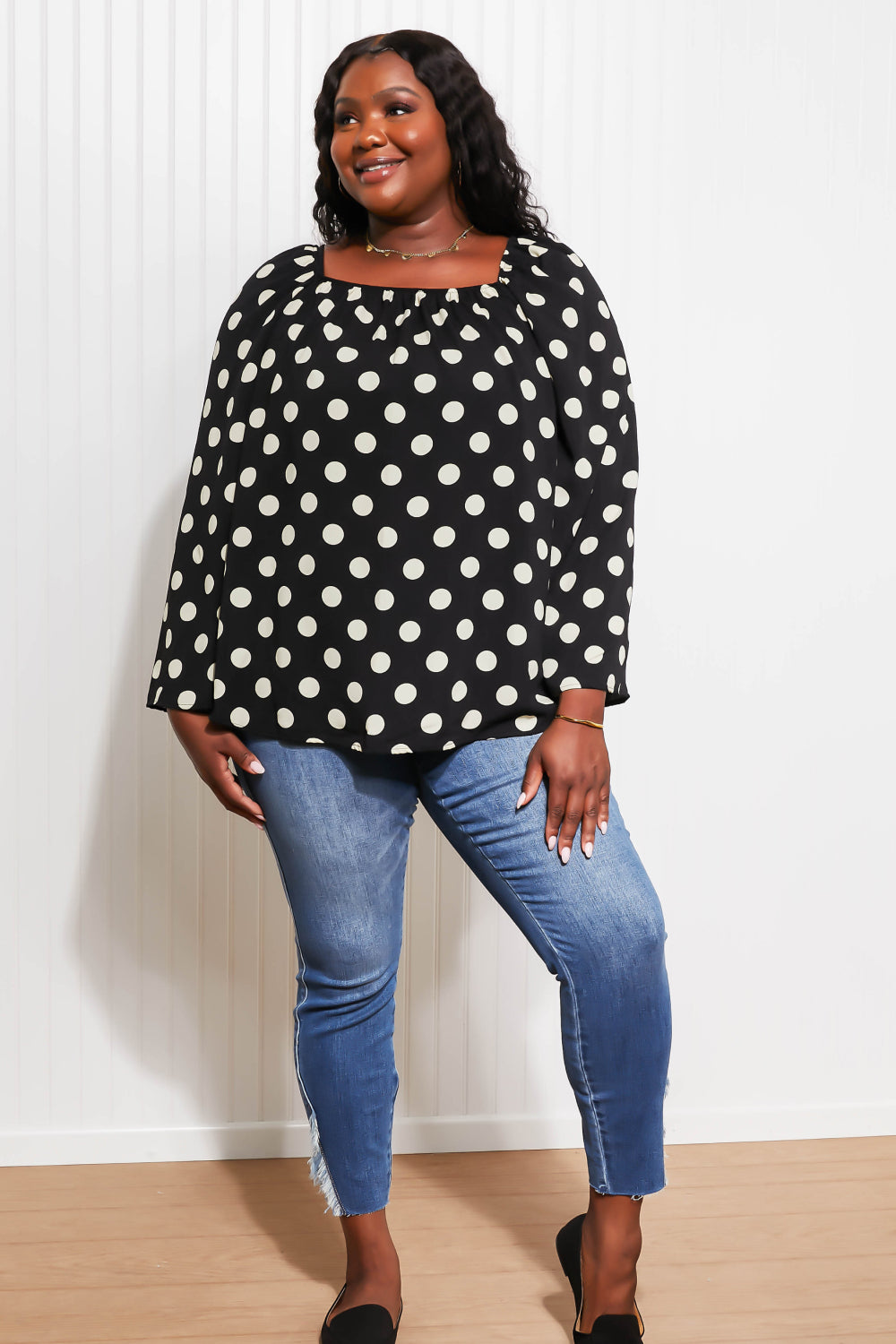 CY Fashion Polka Dot Party Full Size Bell Sleeve Blouse