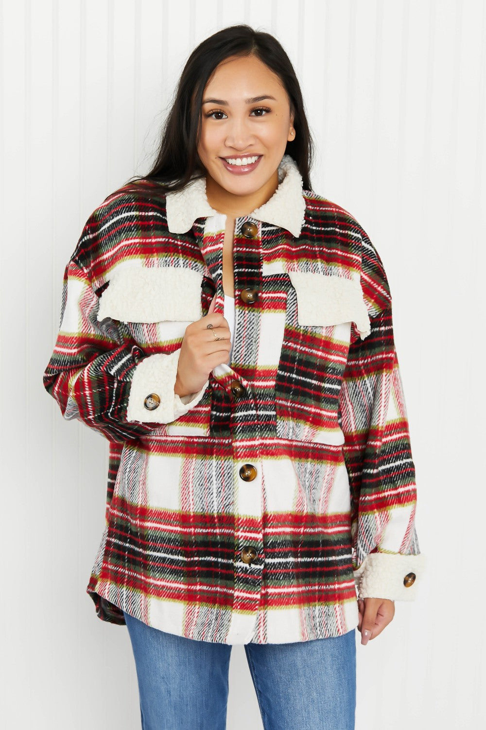 Davi & Dani Fresh Fall Vibes Full Size Plaid Button Down Jacket with Teddy Trim