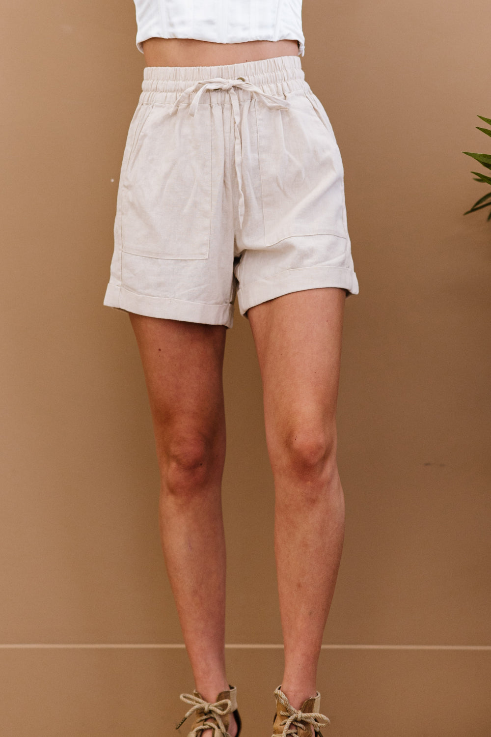 Zenana Linen Love Full Size Cuffed Shorts in Taupe