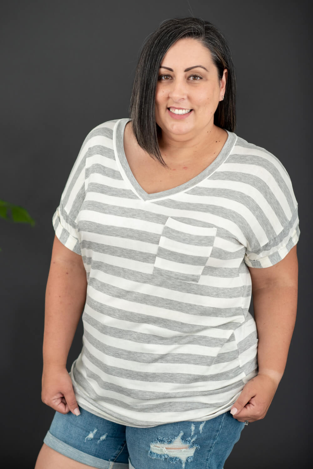 Sew In Love Out and About Full Size Striped Tee in Grey and Ivory