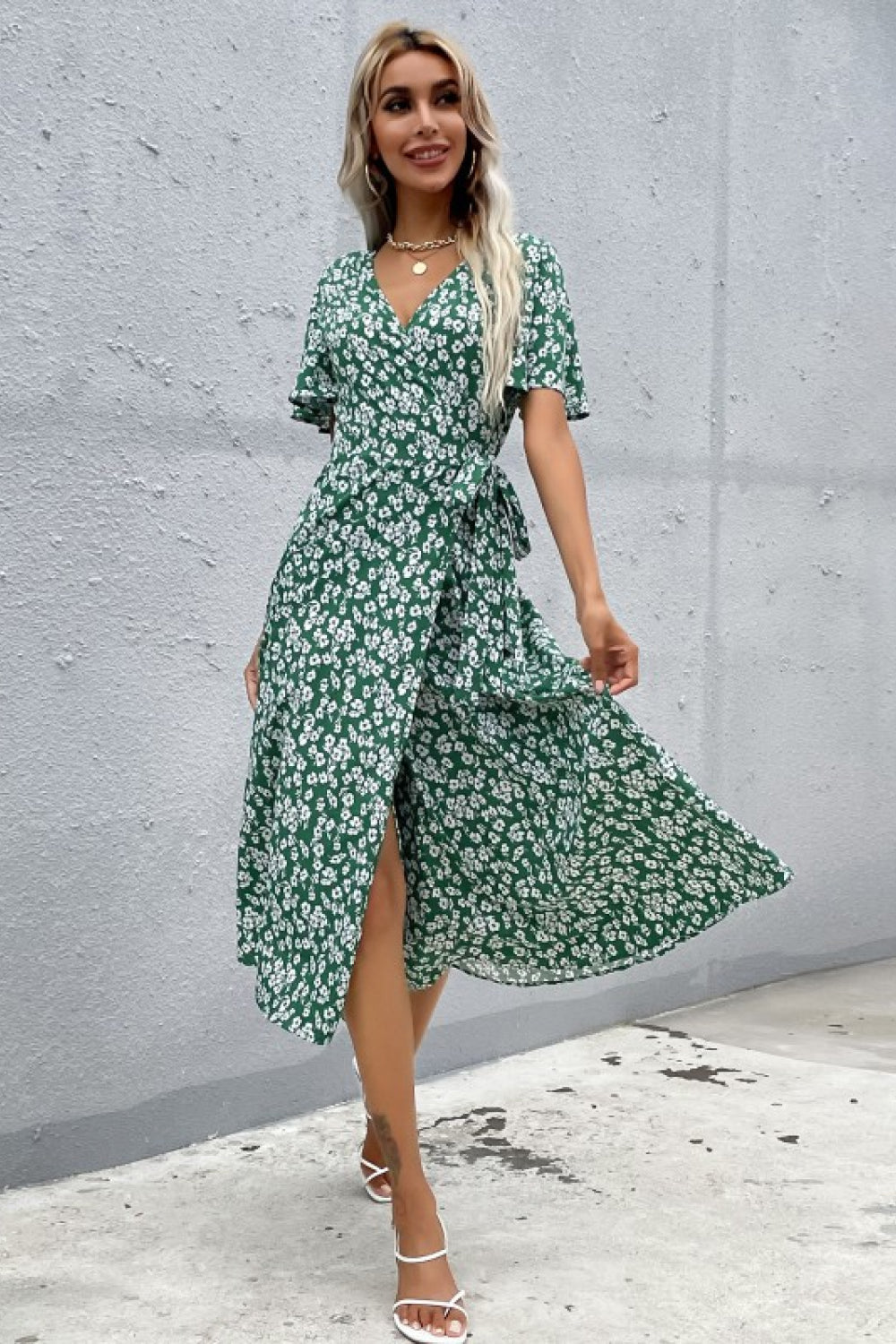 Flutter Sleeve Surplice Midi Wrap Dress