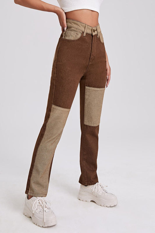 Two-Tone High-Rise Straight Leg Jeans