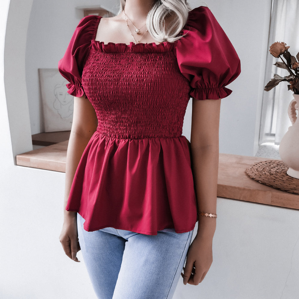 Smocked Puff Sleeve Peplum Top