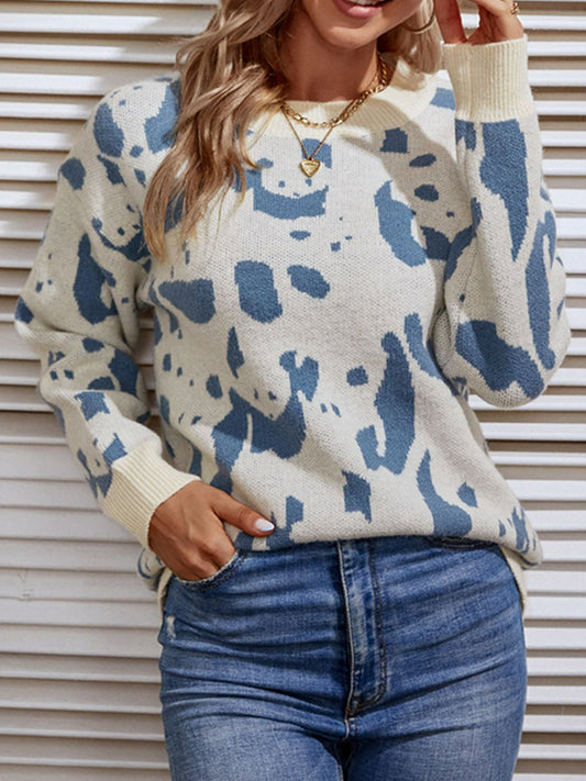 Animal Print Ribbed Trim Sweater