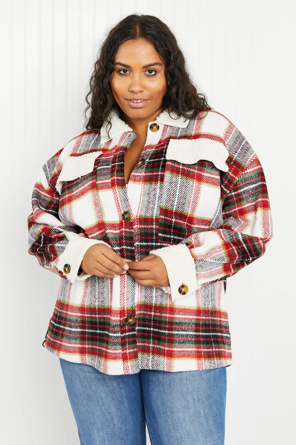 Davi & Dani Fresh Fall Vibes Full Size Plaid Button Down Jacket with Teddy Trim