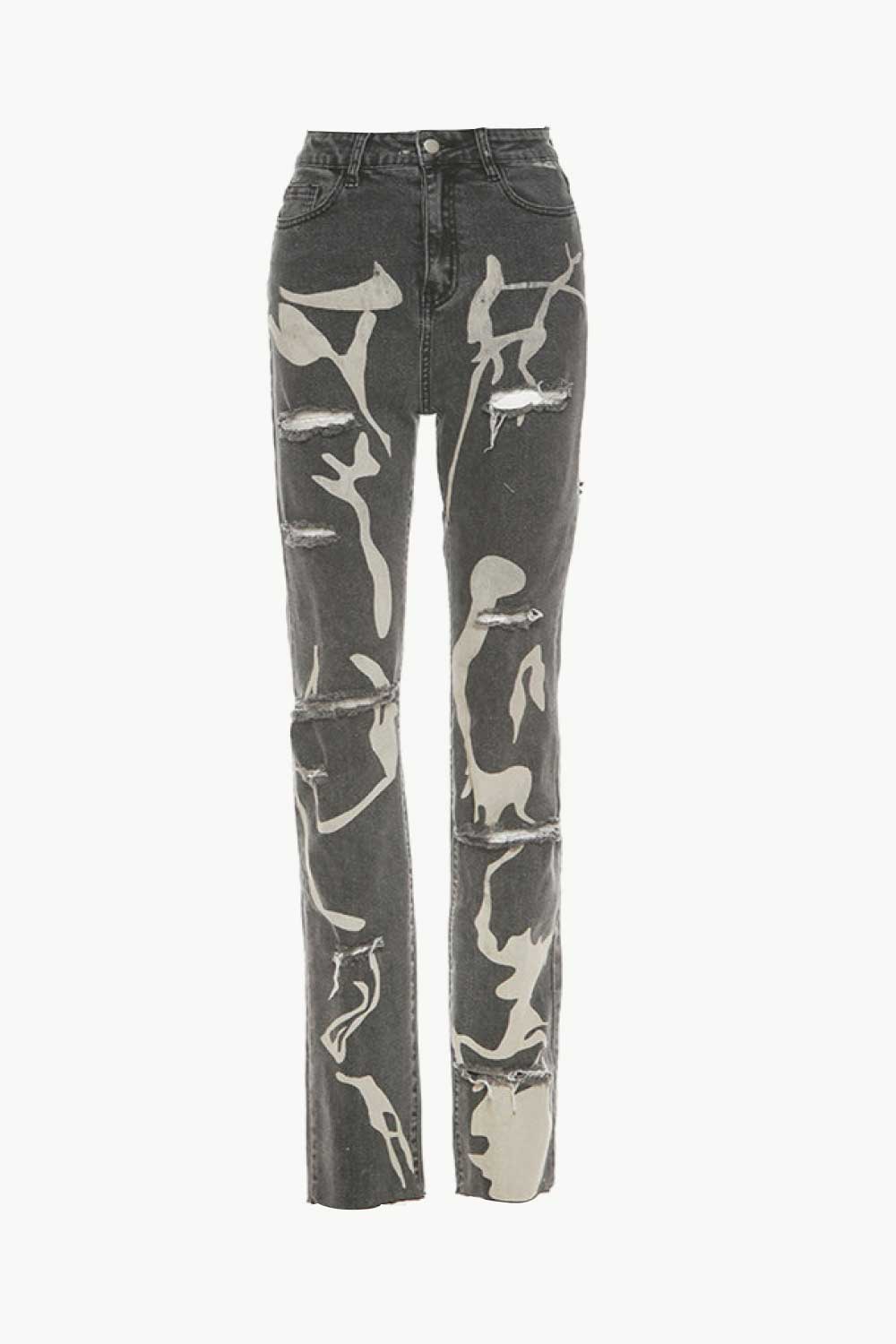 Abstract High-Rise Distressed Jeans