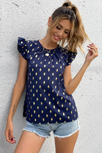 Polka Dot Flutter Sleeve Ruched Blouse