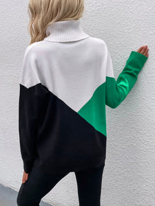 Color Block Dropped Shoulder Turtleneck Sweater