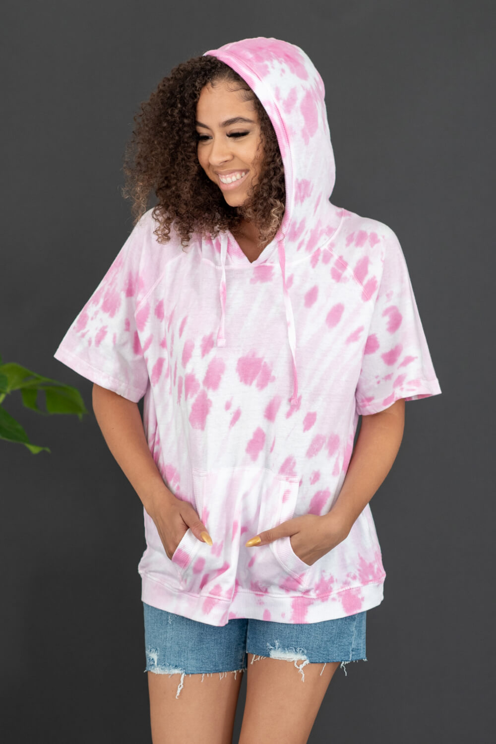 Sew In Love Watching Clouds Full Size Run Tie-Dye Short-Sleeved Hoodie in Neon Pink