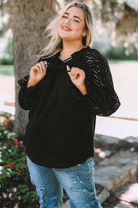 Plus Size Mesh Sleeve Tie-Neck Blouse