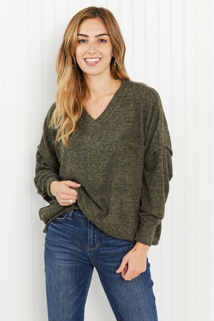 Zenana Up in Vancouver Full Size Melange Sweater in Dark Olive