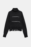 Zipper Detail Turtleneck Distressed Sweater