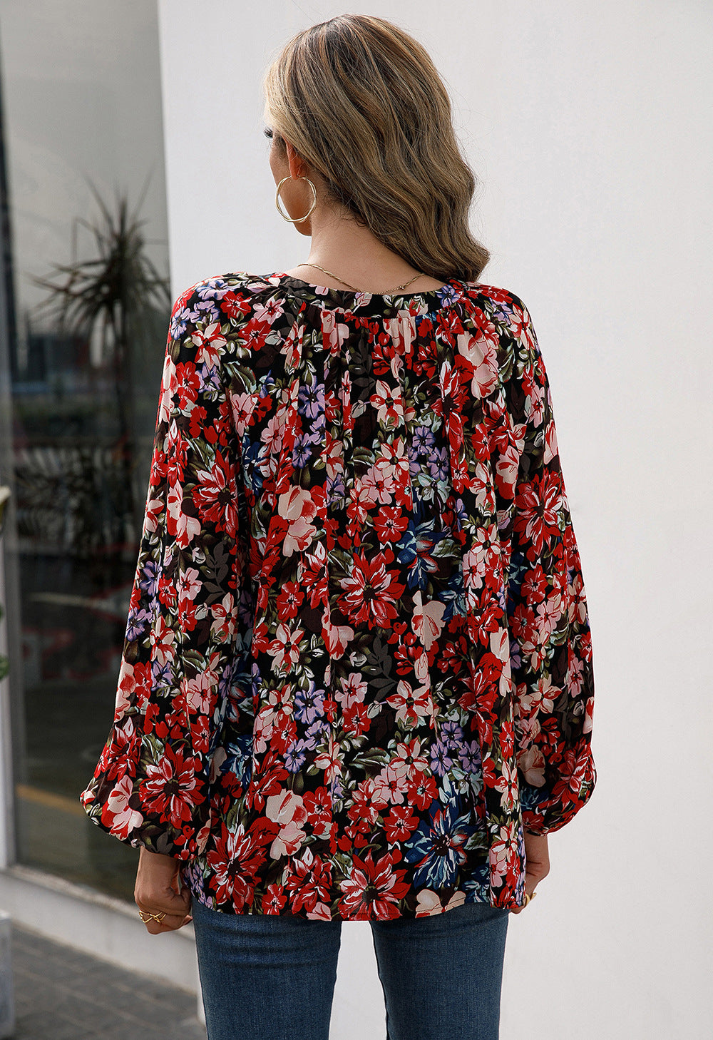 Floral Pleated Detail V-Neck Blouse