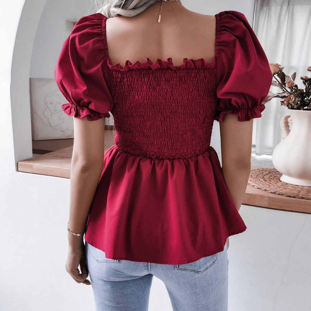 Smocked Puff Sleeve Peplum Top