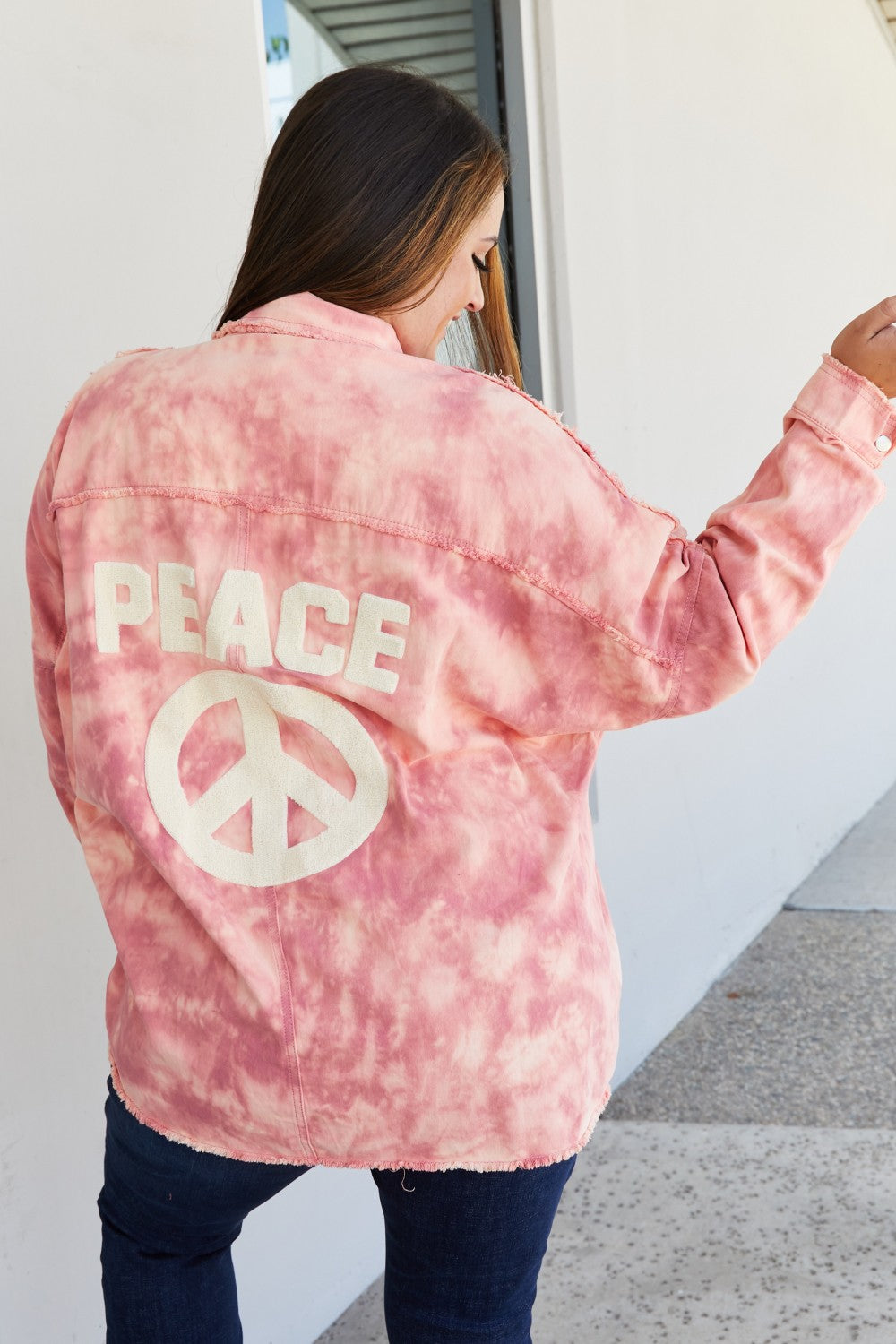 Davi & Dani Peace Sign Full Size Tie-Dye Embroidered Patch Shacket