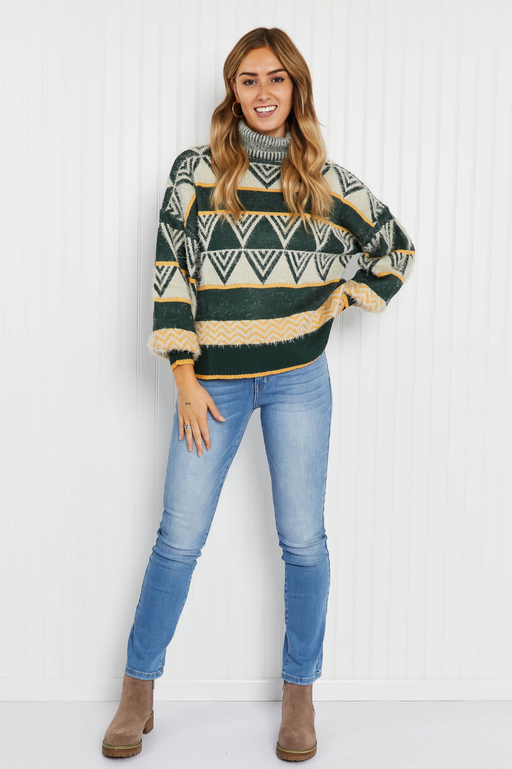 Davi & Dani Cozy Weather Full Size Geometric Fuzzy Turtleneck Sweater in Green