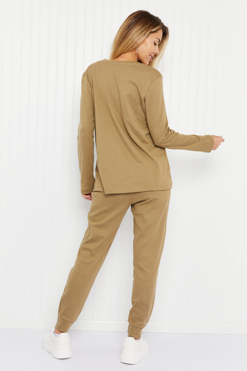 Zenana Comfy and Cozy Full Size Run Lounge Set in Khaki