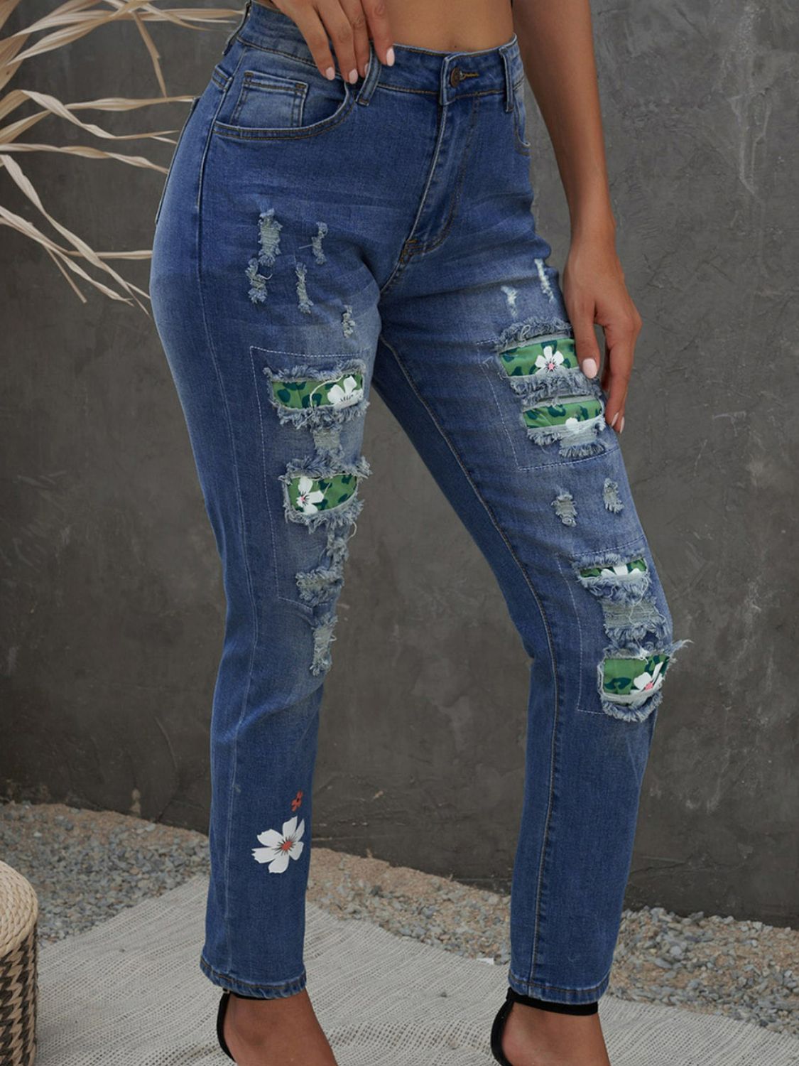 Floral Leopard Print Patchwork Distressed High Waist Jeans