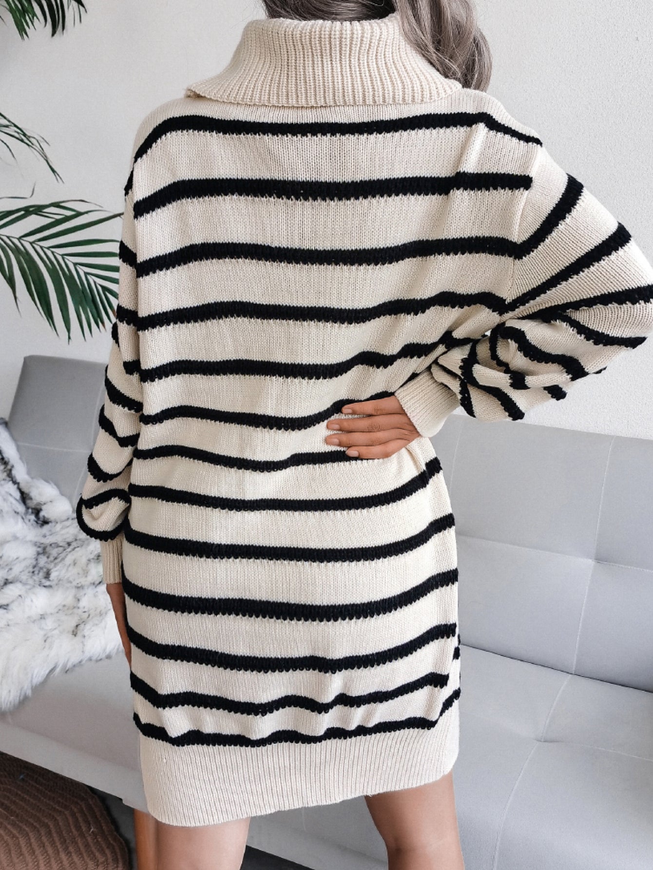 Stripped Ribbed Trim Long Sleeve Mini Sweater Dress (Belt Not Included)