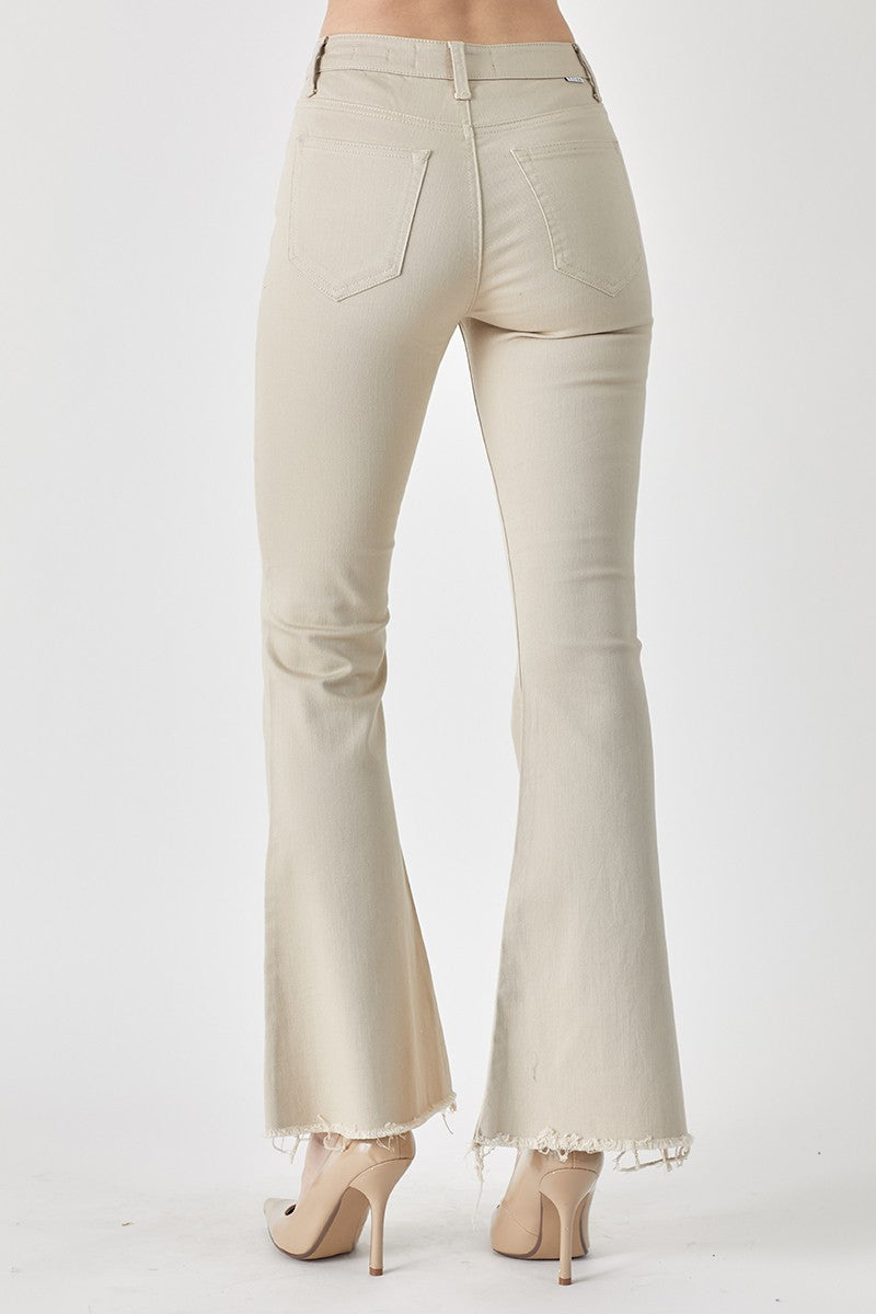 RISEN Mid-Rise Raw Hem Flare Jeans in Khaki