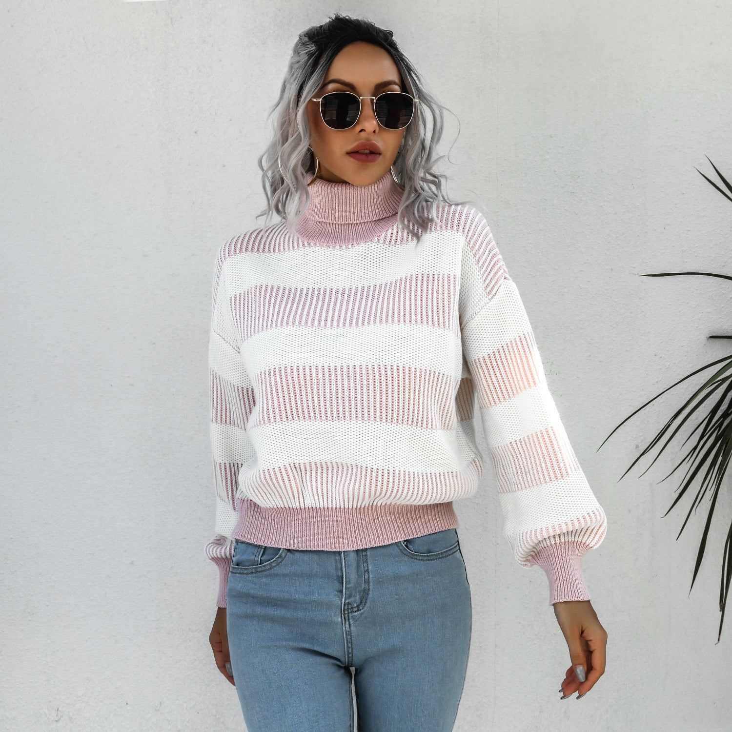 Striped Ribbed Trim Lantern Sleeve Turtleneck Sweater