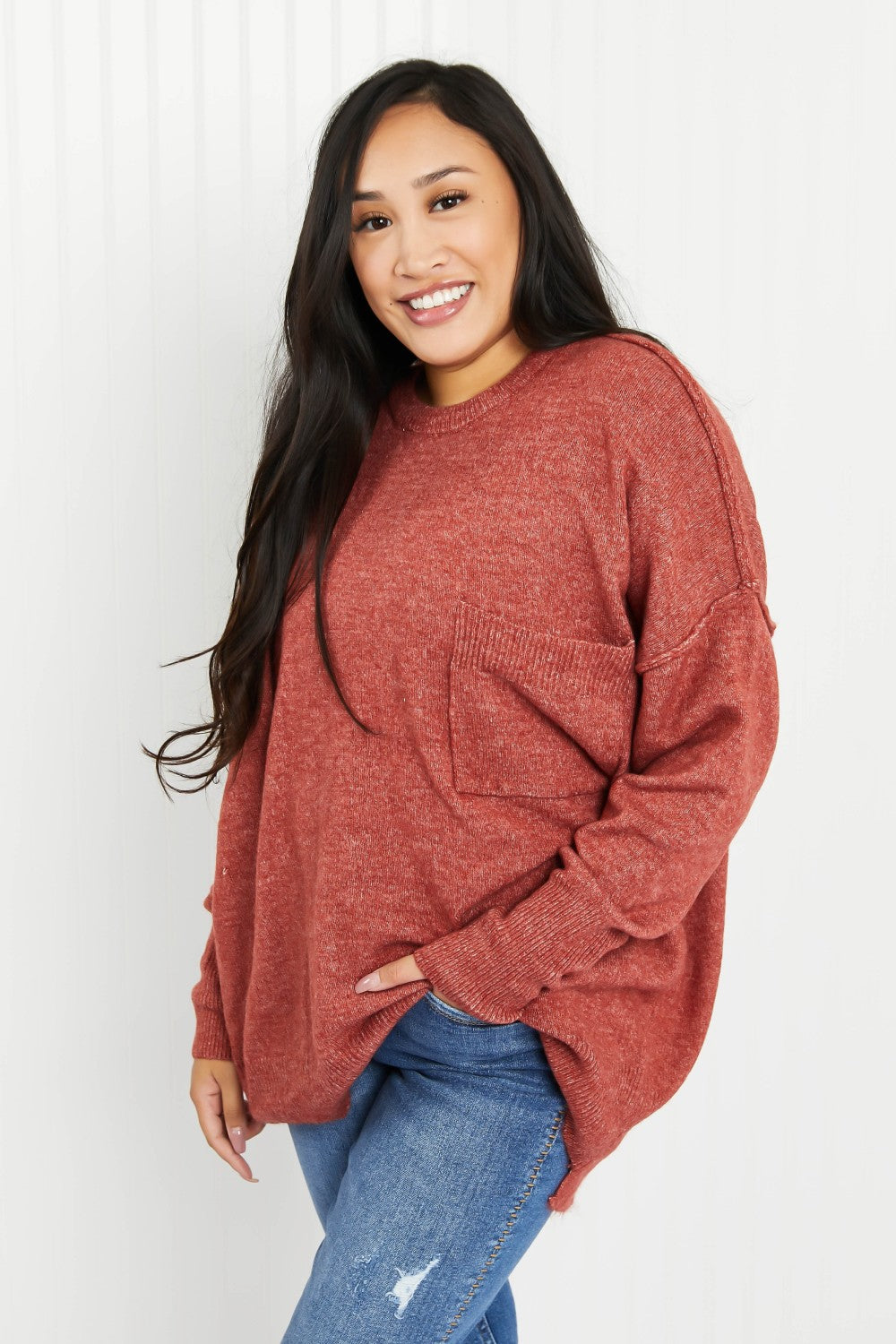 Zenana Forest in Fall Full Size High-Low Hem Pocket Sweater