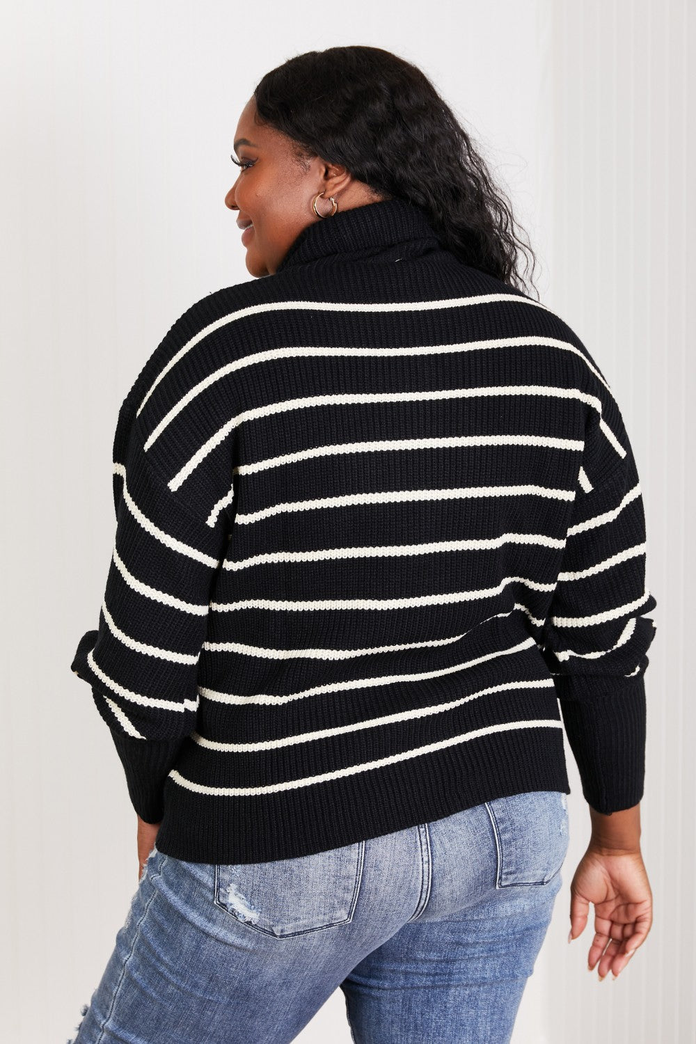 CY Fashion No Worries Full Size Striped Turtleneck Sweater