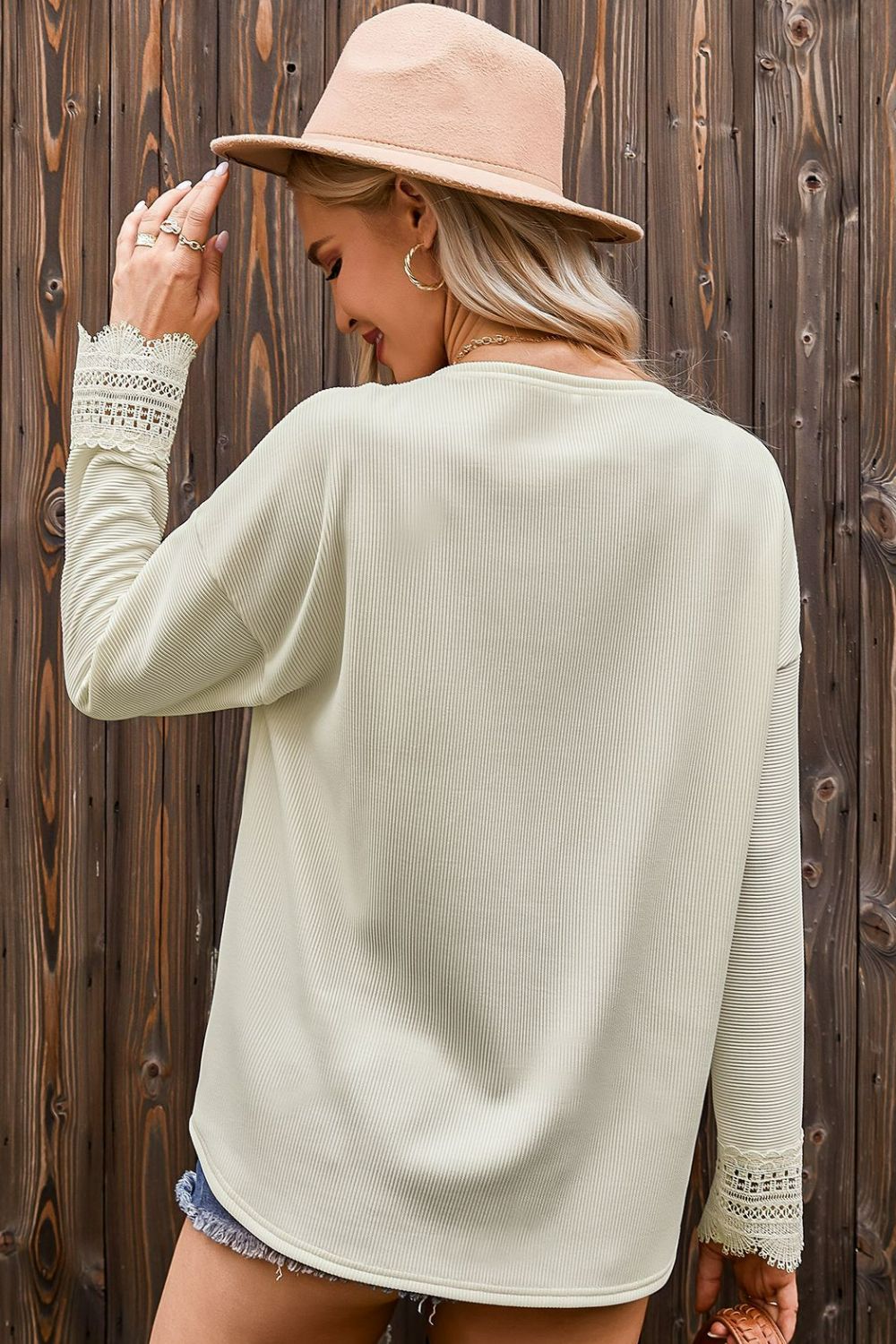 Dropped Shoulder Scalloped V-Neck Knit Top