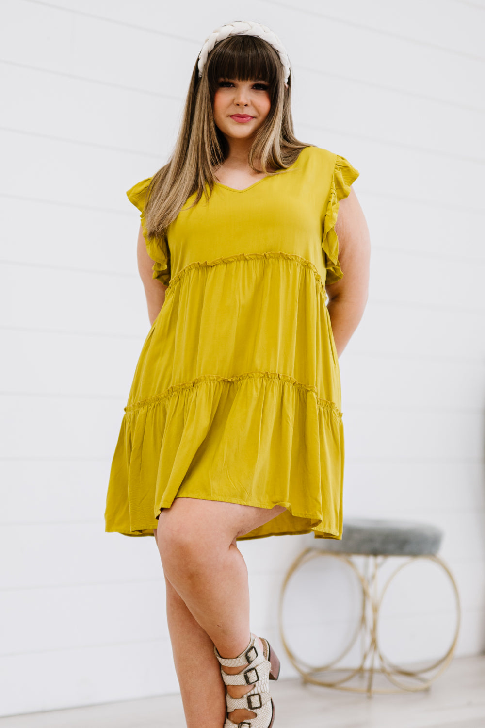 Zenana Call Me Later Full Size Tiered Mini Dress in Golden Wasabi