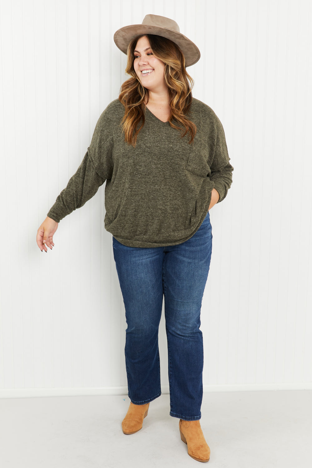 Zenana Up in Vancouver Full Size Melange Sweater in Dark Olive