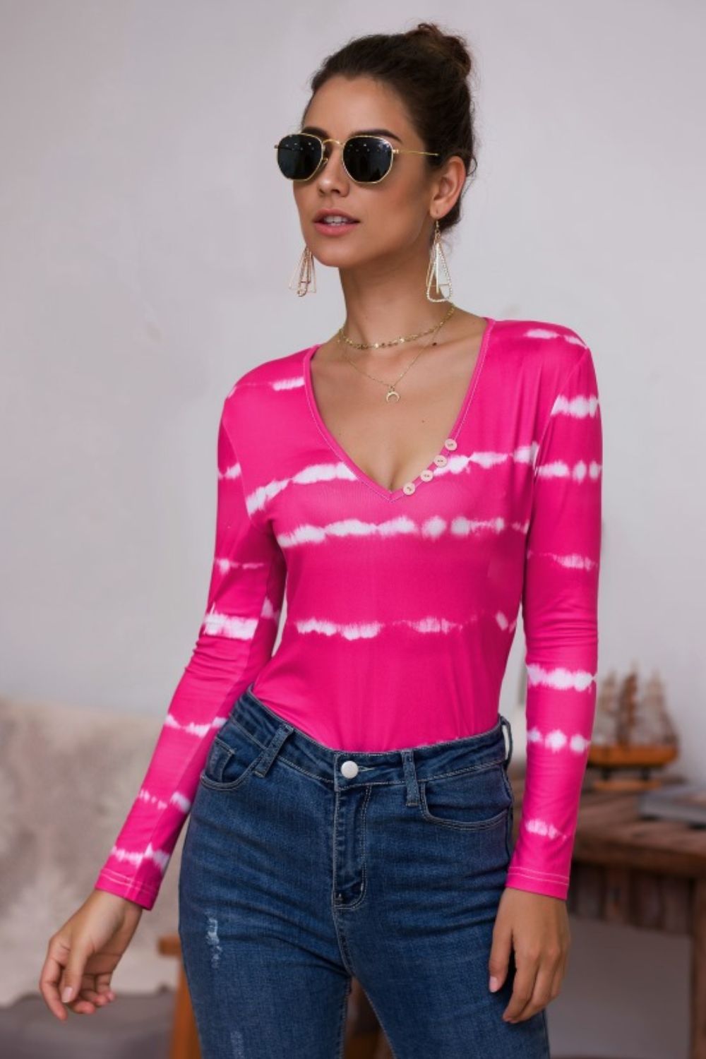 Tie-Dye Plunge Long Sleeve Top