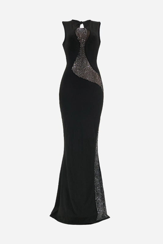 Full Size Rhinestone Open Back Spliced Mesh Dress