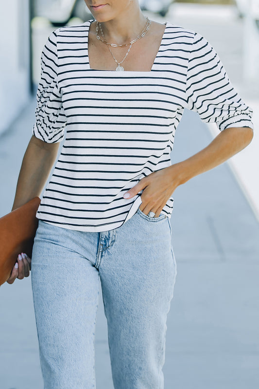 Striped Half Puff Sleeve Square Neck T-Shirt