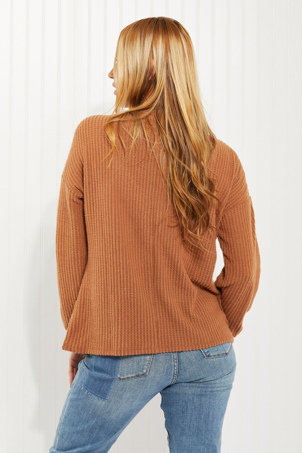 Zenana Apple Dumplings Full Size Brushed Waffle Knit Henley in Deep Camel