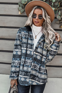 Printed Button Down Fleece Hooded Jacket