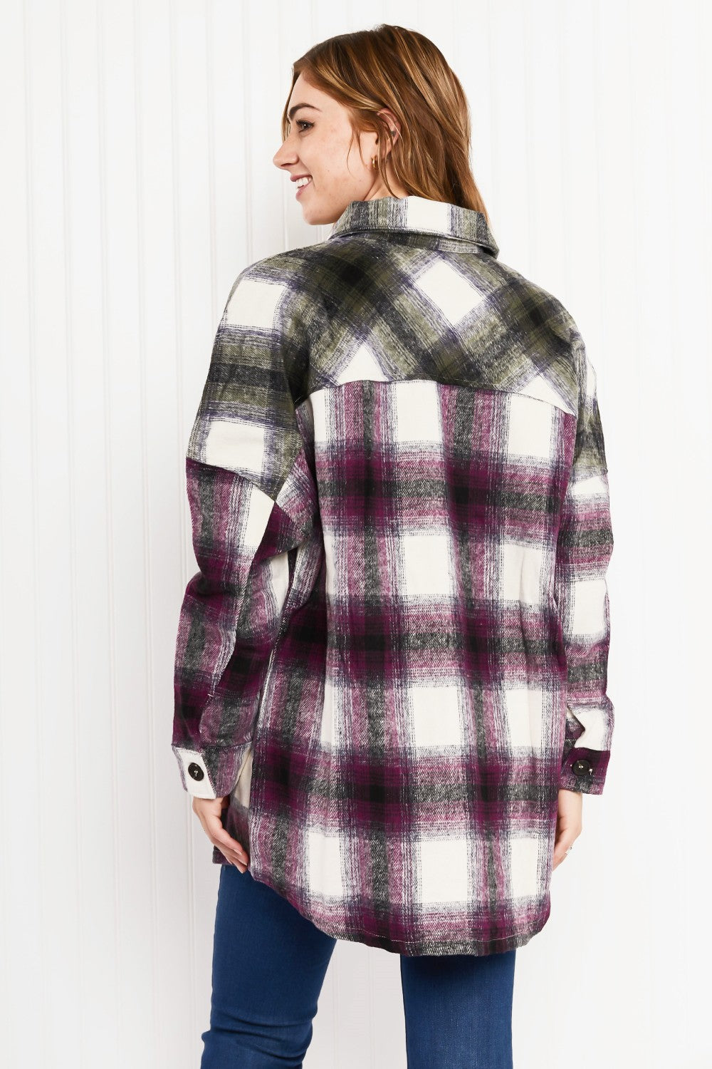 Zenana Colors of Autumn Full Size Plaid Shacket in Eggplant/Olive