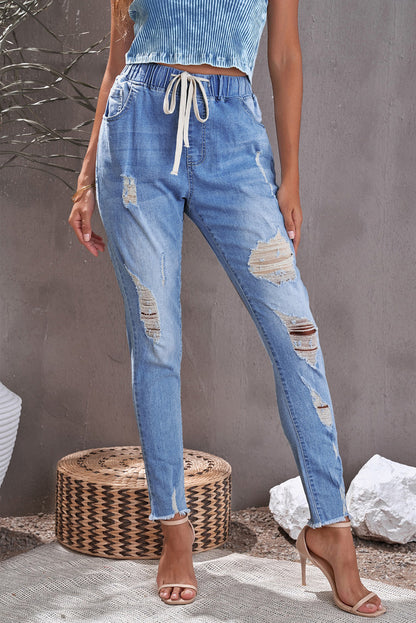 Distressed Frayed Drawstring Waist Jeans