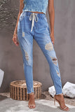 Distressed Frayed Drawstring Waist Jeans