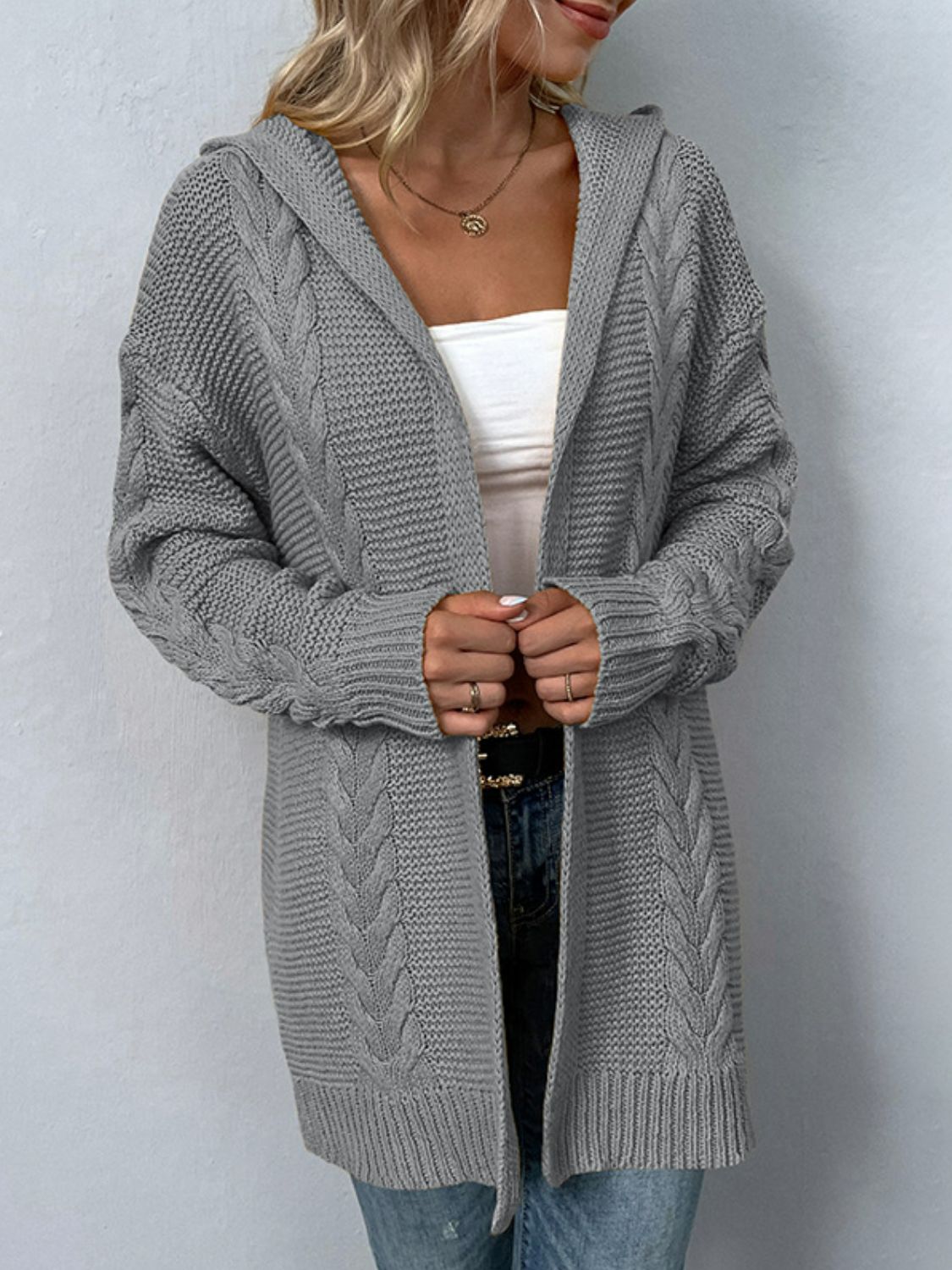 Cable-Knit Longline Hooded Cardigan