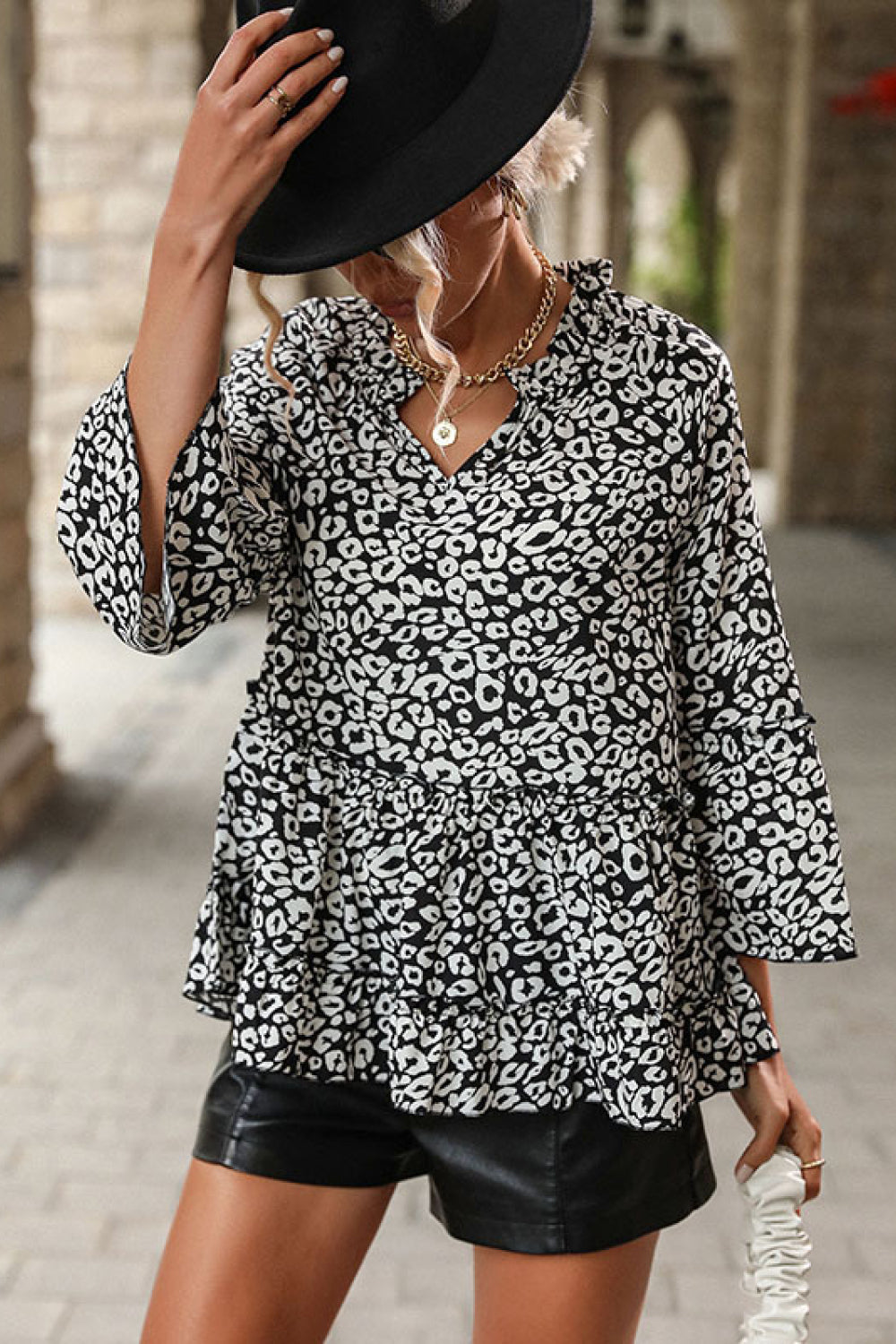 Leopard Print Frill Trill V-Neck Blouse