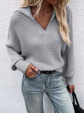 Load image into Gallery viewer, Collared Lantern Sleeve Rib-Knit Sweater
