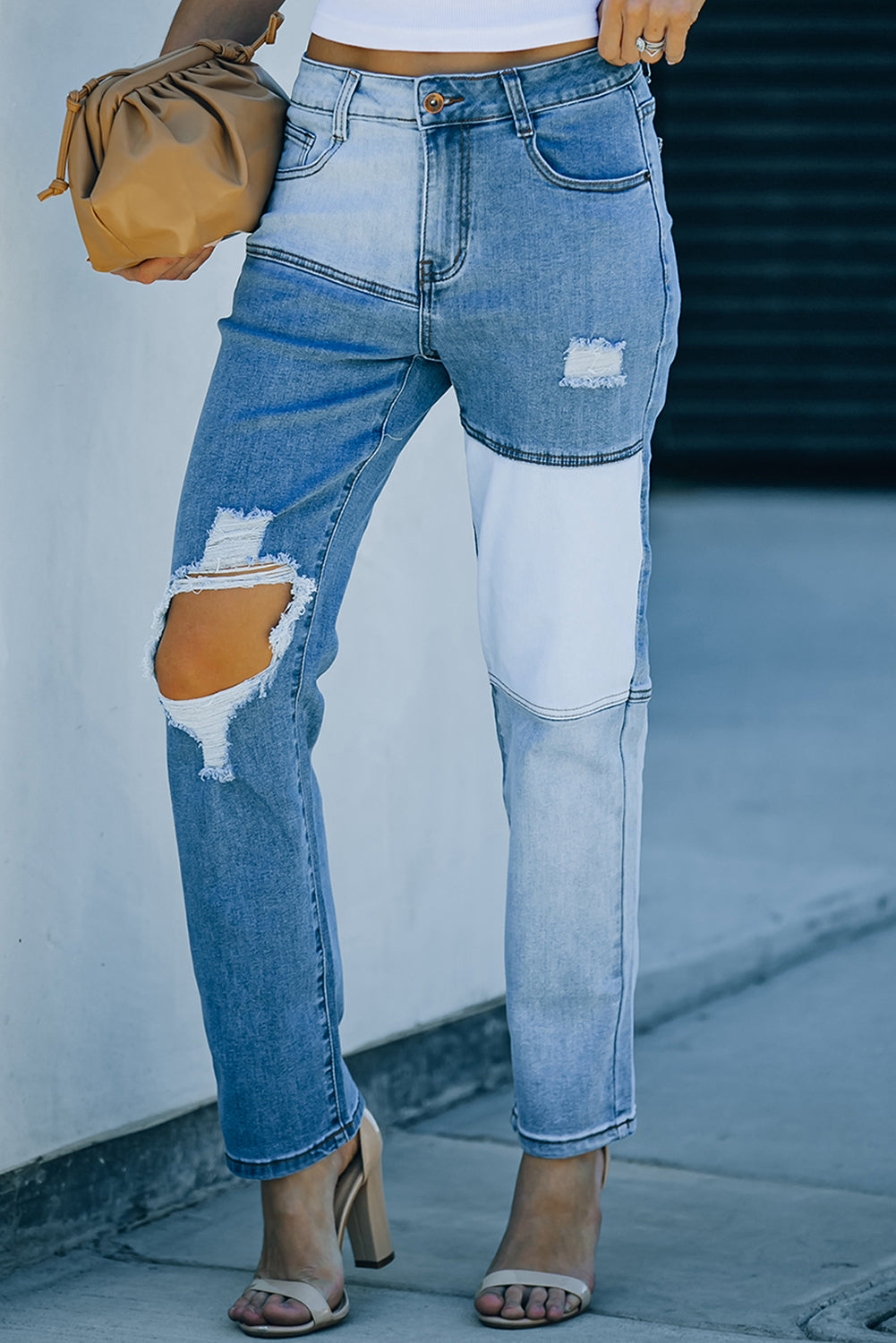 Distressed Color Block Straight Leg Jeans