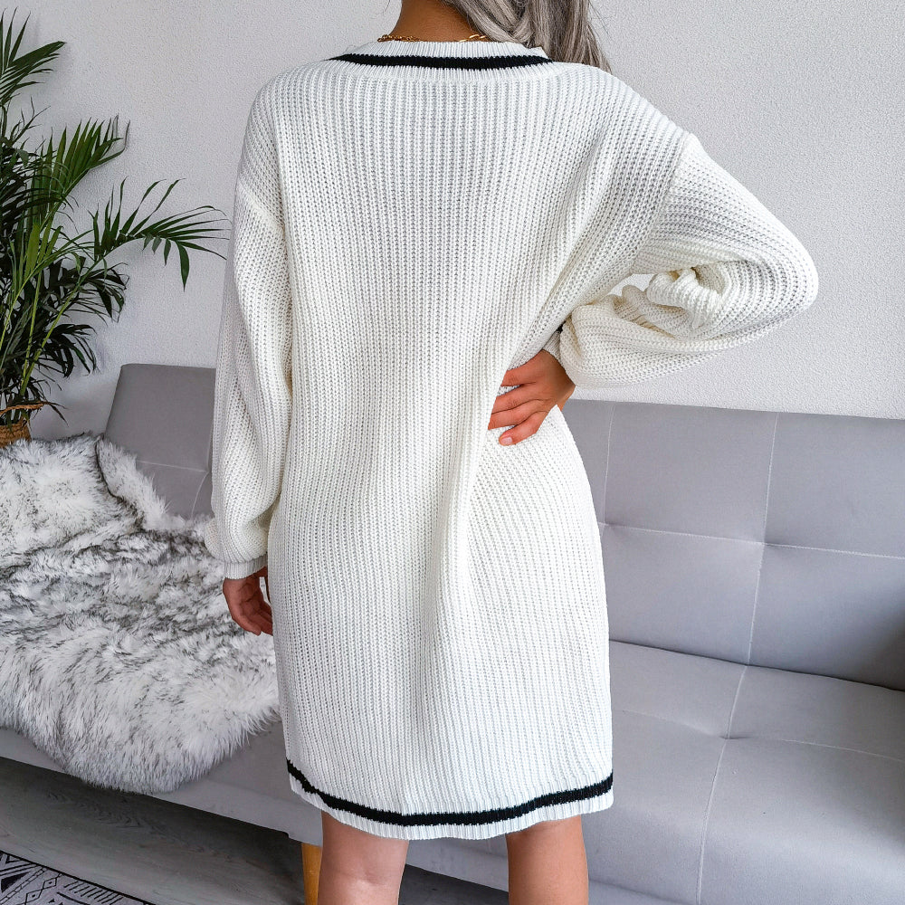 Single Striped Rib-Knit V-Neck Sweater Dress (Belt Not Included)