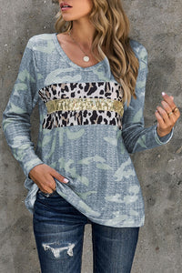 Mixed Print Round Neck Long Sleeve Tee