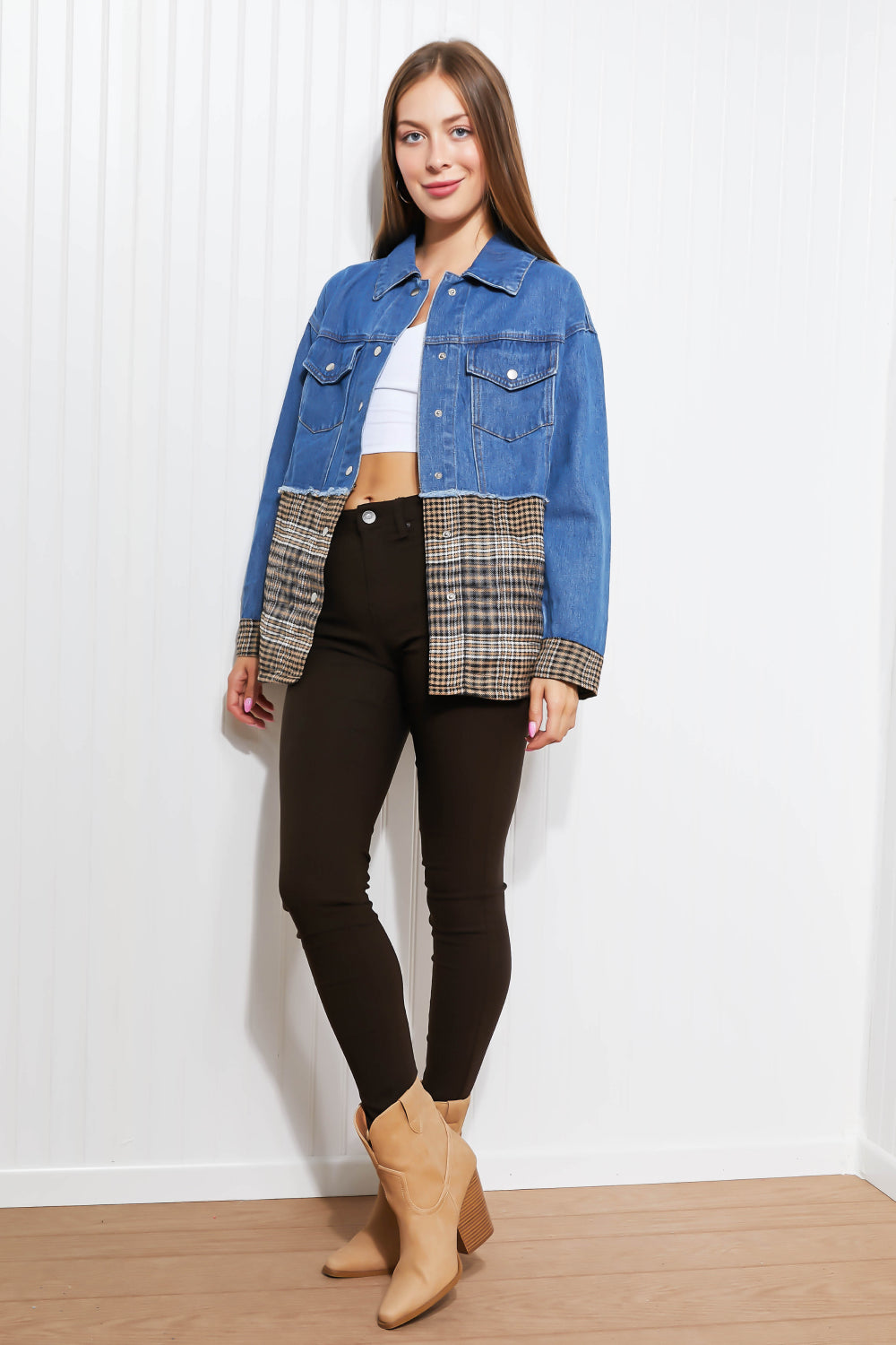 CY Fashion Porch Views Full Size Plaid Spliced Denim Jacket