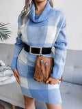 Plaid Funnel Neck Long Sleeve Mini Sweater Dress (Belt Not Included)