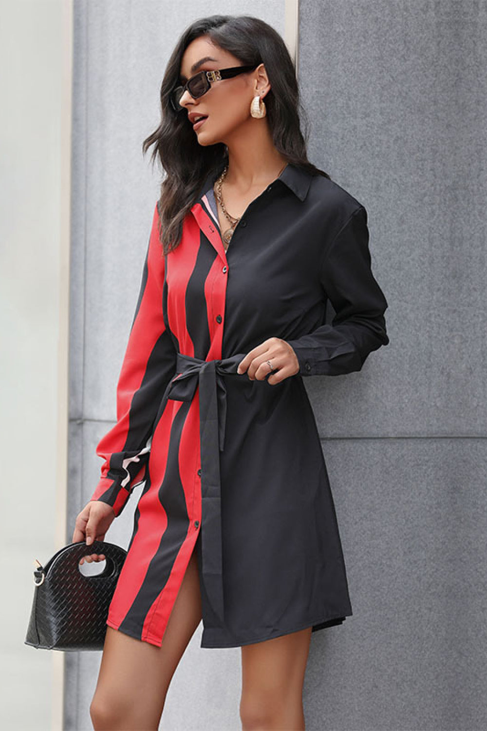 Striped Tie Waist Shirt Dress